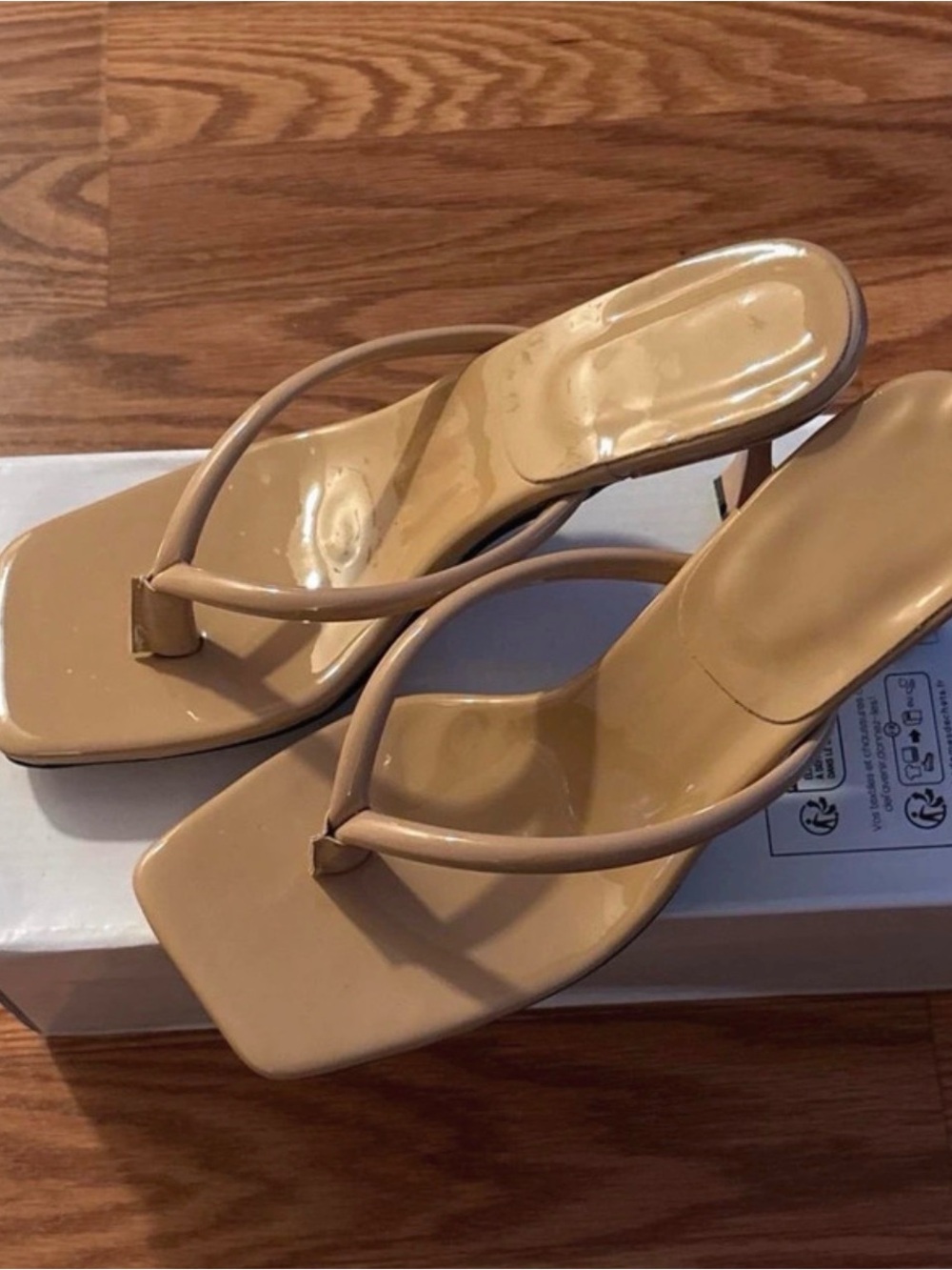 Shein Neutral Tan Square-Toe Thong Heels - Women